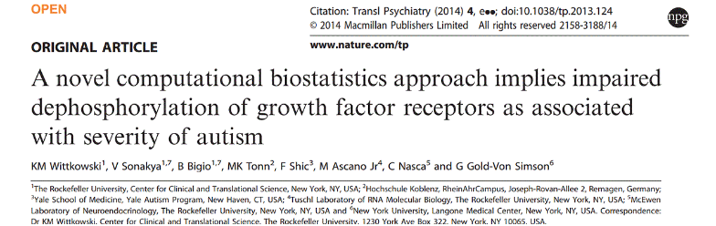 A novel computational biostatistics approach implies impaired dephosphorylation of growth factor receptors as associated with severity of autism